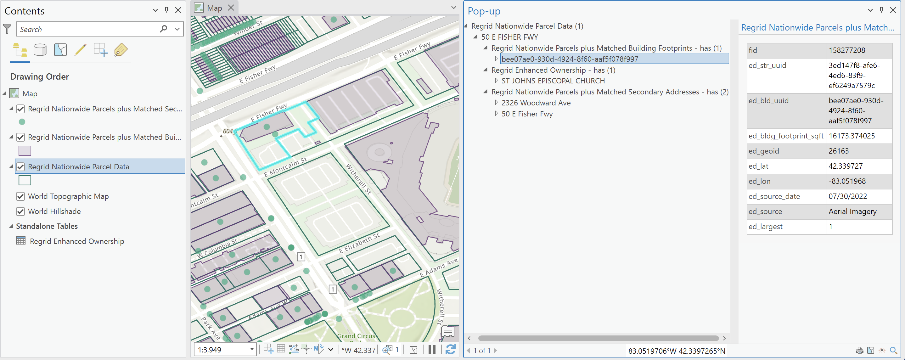 Accessing related records for a selected parcel in ArcGIS Pro via the Attributes Pane. The pane in the right, shows the details of one of the buildings on the parcel. This parcel's related records include one record in Enhanced Ownership and two in Matched Secondary Addresses.