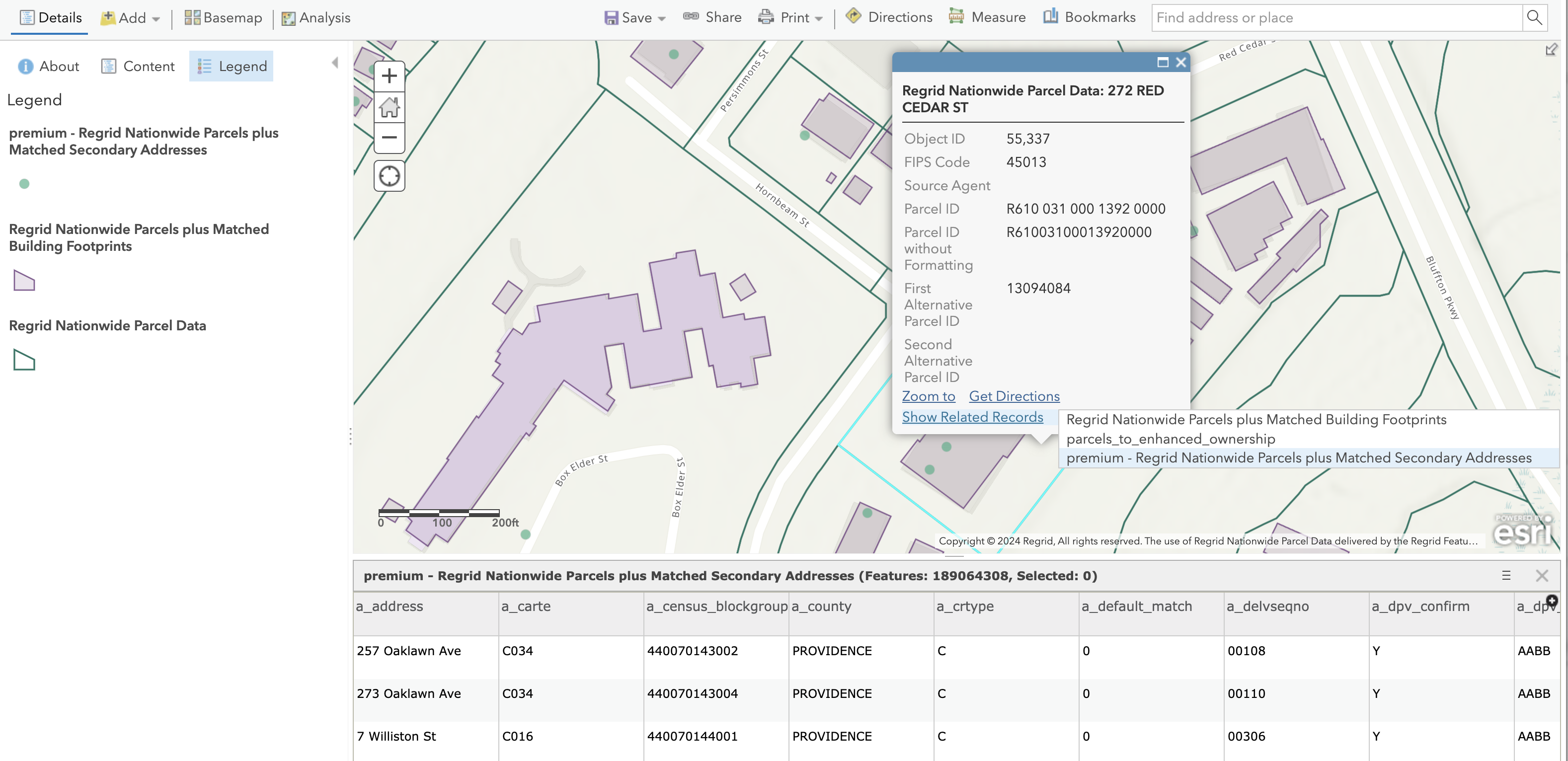 Example of viewing Matched Secondary Addresses for a parcel via the Show Related Records link in the popup. The selected parcel has 3 matched addresses.