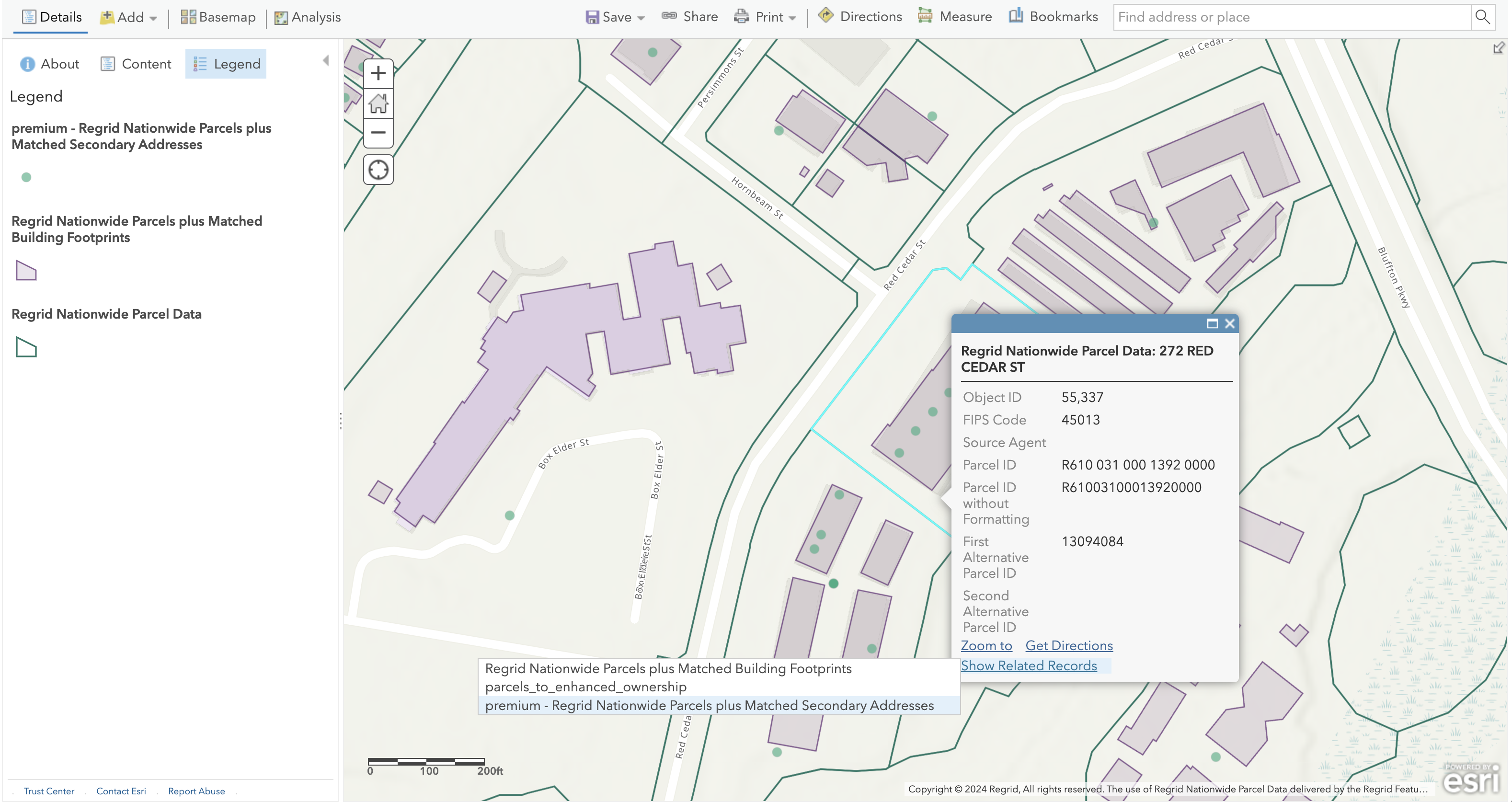 Accessing related records via the popup for a parcel in ArcGIS Online.