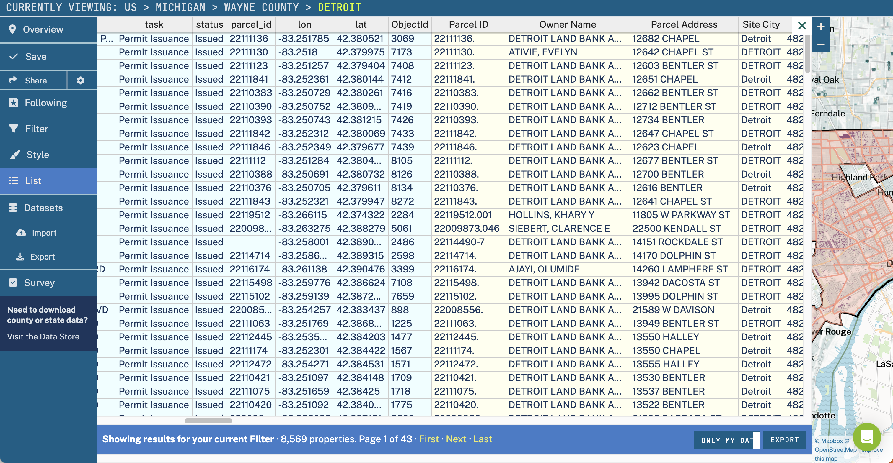 screenshot showing List view open with a dataset attached