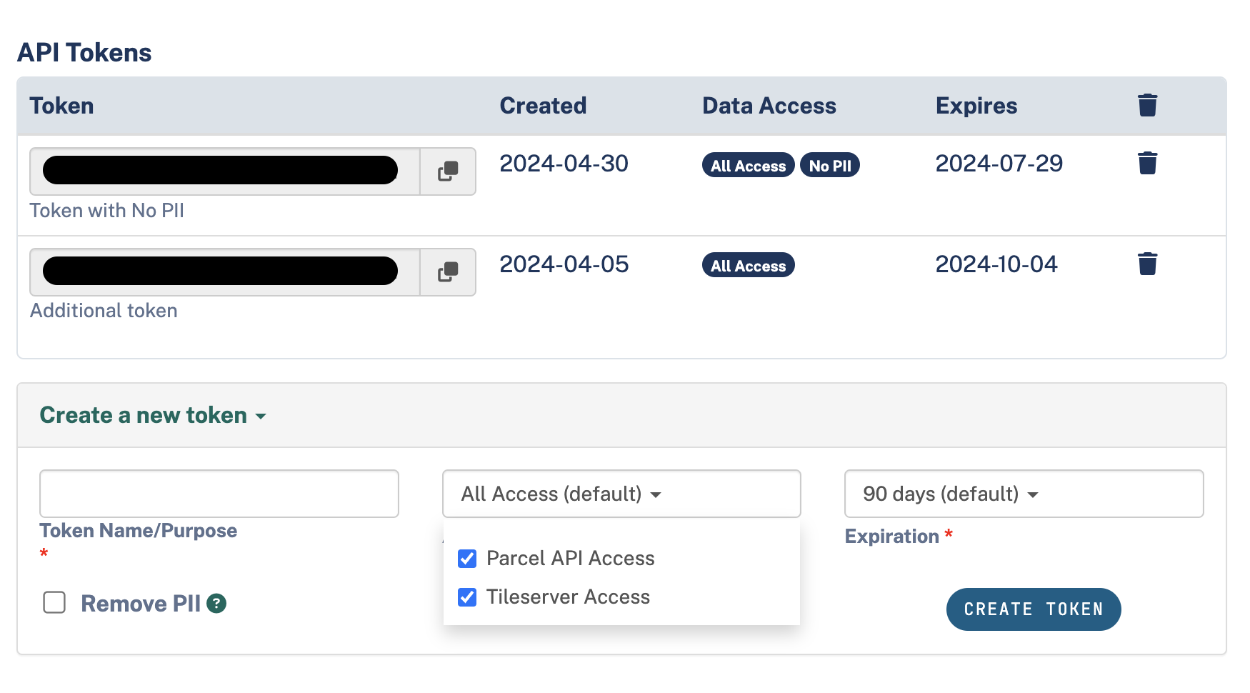 the token management page